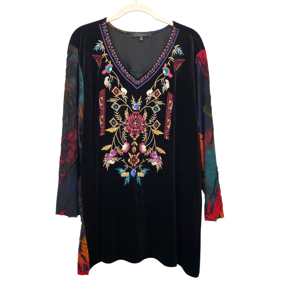 Calessa velvet embroidered blouse top Size 1X black boho‎ multicolor